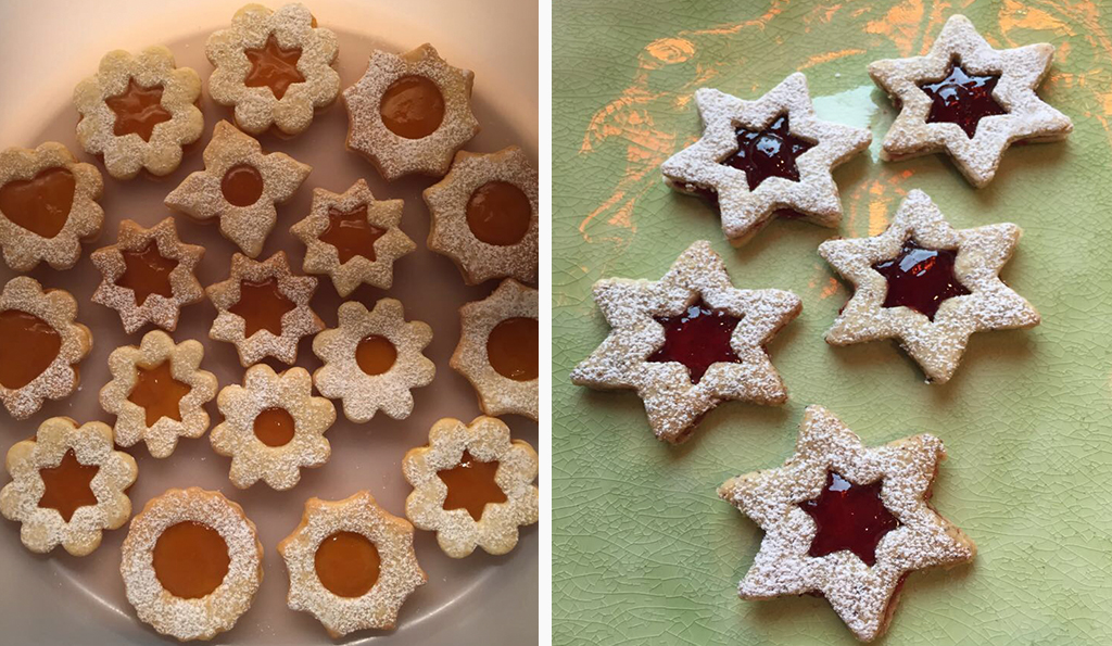 Spitzbuben-Plätzchen mit gelbe rund roter Marmelade