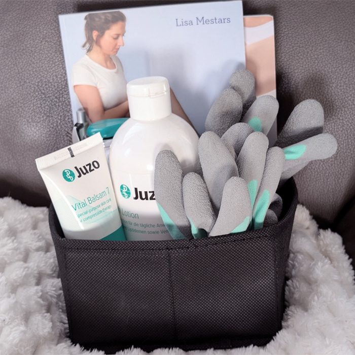 Korb mit Cremes und Handschuhen